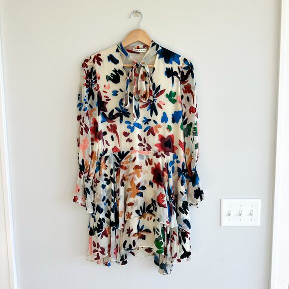 Alice + Olivia Moore Velvet Floral Print Tiered Mini Dress Cream/Blue XS - Picture 2 of 13